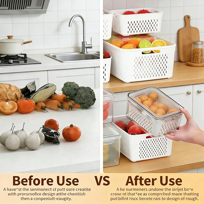 Fruit storage containers for fridge, with detachable drainer basket and airtight seal, stackable produce organizer, prolongs freshness of berries, greens, meats