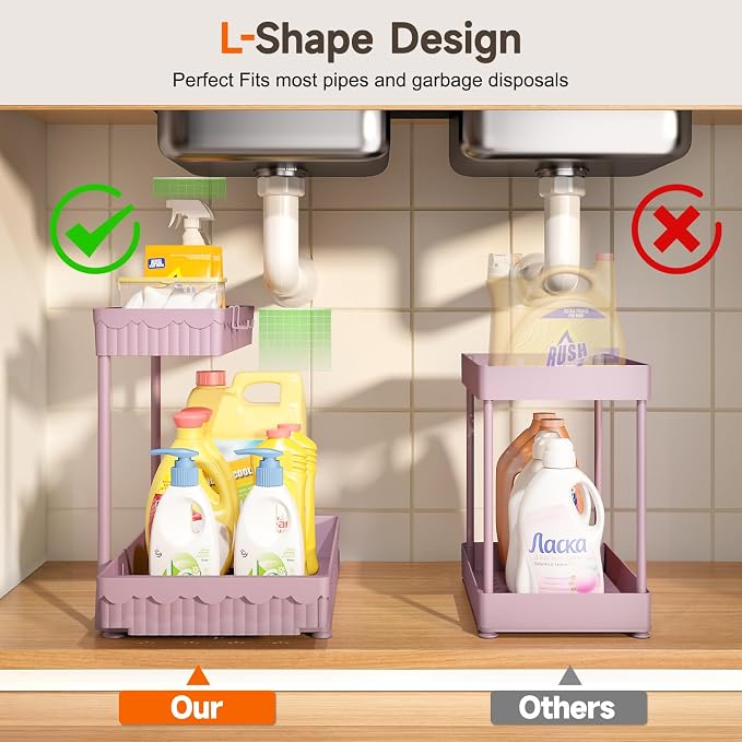3-Pack 2-Tier L-Shaped Under Sink Organizers with Sliding Drawers | Multi-use kitchen & bathroom storage, 12.85 inch pink cabinet organizer, space-saving sliding drawer design.