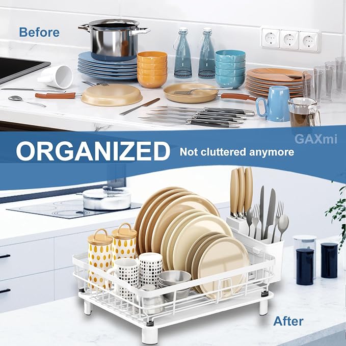 GAXmi Dish Drying Rack with Drainboard for Kitchen Countertop 1-Tier White | With utensil holder, Over the sink, Quick drainage, Space-saving, Large capacity