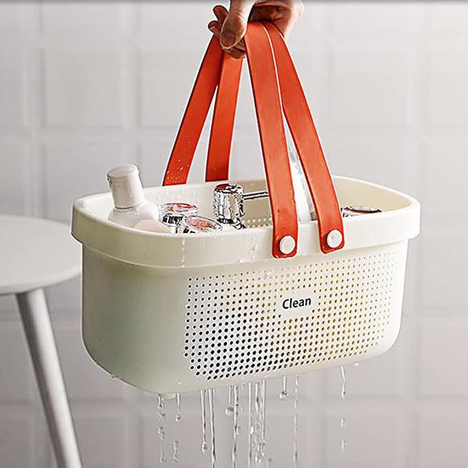 JiatuA Plastic Storage Basket with Handle Portable Shower Caddy Tote Organizer Basket Bin for Bathroom Kitchen Dorm Room Bedroom, White | Sturdy Drainage Large Capacity Organizer Basket with Silicone Handles for Bathroom Kitchen Bedroom College Dorm Es...