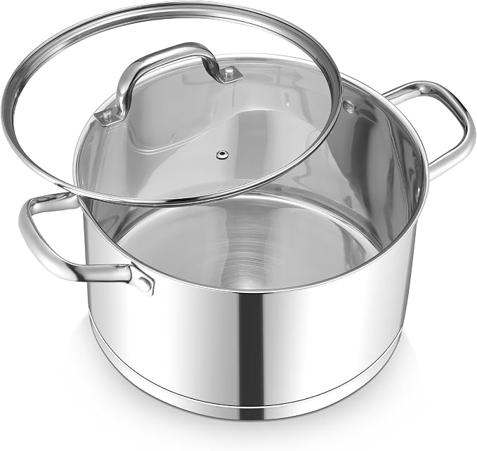 TeamFar 8QT Stock Pot with Lid, Stainless Steel Tri-ply Bottom Cooking Pot | for Vegetable Pasta Soup, Works with Induction/Gas/Glass/Ceramic Stoves, Non-toxic & Sturdy, Straight Side & Riveted Handles