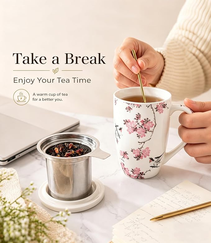 AmorArc Tea Cup With Infuser and Lid, 18oz Loose Leaf Tea Mug With Steeper | Porcelain Tea Mug With Infuser and Lid, Strainer Tea Cup for Tea Lovers, Home & Office, Housewarming Birthday Gift