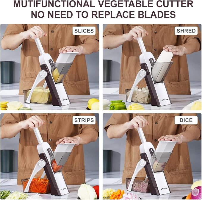 5 in 1 Adjustable Safe Mandoline Slicer for Kitchen with Paring Knife | Safe Mandoline Slicer for Kitchen, Easy to Clean/Storage, Potato Slicing, Strips, Shredding, Dicing, Chop, Cleaning brush