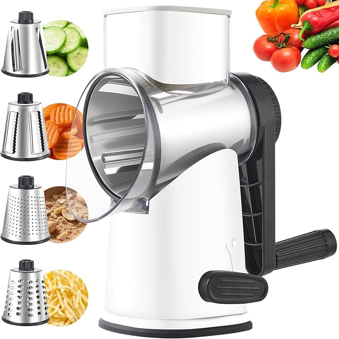 Weltonhm 4 in 1 Large Cheese Grater Hand Crank Rotary (White 4 Graters) | Cheese Shredder Rotary and Slicer with 4 Stainless Steel Blades for Vegetables, Veggie and Cheese, Stronger Suction Base