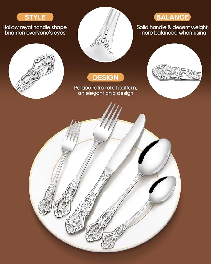 EUIRIO 48 Pieces Royal Silverware Set for 8, Gorgeous Retro Flatware Set with Steak Knives, Premium Stainless Steel Vintage Cutlery Utensils Set with Forks Spoons and Knives, Dishwasher Safe