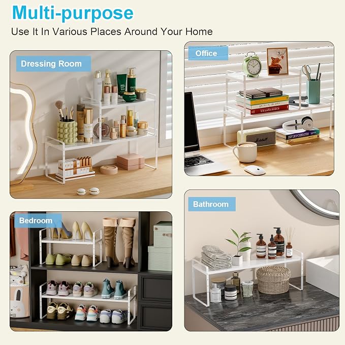 15.5 to 25.5 Inch Kitchen Cabinet Shelf Organizers, Adjustable Kitchen Counter Shelf Organizer, Set of 4 Expandable Countertop Storage Shelves, Stackable Design, 30LBS Heavy Duty, Space Saver
