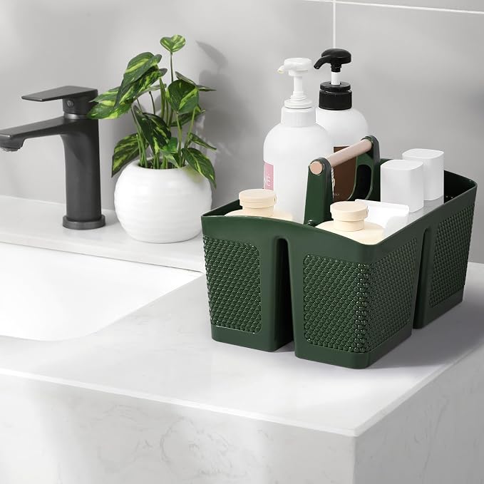 Plastic Shower Caddy, Portable Shower Basket with Handle, Dark Green | Cleaning Caddy Organizer for Bathroom, College Dorm Room Essentials, Storage Tote