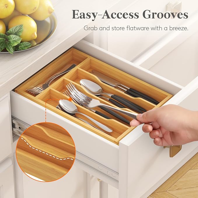 Lifewit Bamboo Silverware Tray for Drawer, 6.7 x 12 | Utensil Organizer for Kitchen, Flatware and Cutlery Holder, Storage for Spoons Forks Knives, Natural