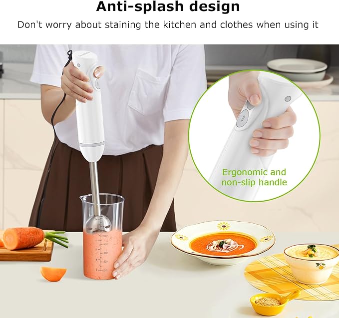 Bonsenkitchen Hand Blender,2-In-1 Emulsion Handheld with 2 Mixing Speeds | 24oz Beaker, Immersion Blender,Ergonomic Handle Stick Mixer for Baby Food,Smoothies, Soups & Sauces