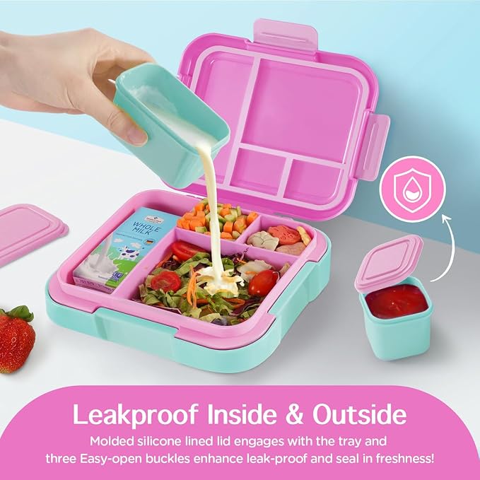 Caperci Bento Box for Kids Age 4-8 - 4.8 Cups Lunch Box with 2 Modular Containers - 4 Compartments Lunch Container, Leak-Proof, Portable Handle, Microwave/Dishwasher Safe (Orchid/Light Cyan)