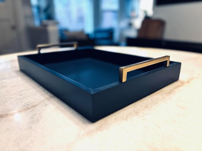 Decorative Coffee Table Tray - Ottoman Tray - Breakfast, Drinks, Liquor Serving Platter - from Farmhouse to Modern - Matte Finish - Champagne Gold Handles - Twilight-Blue