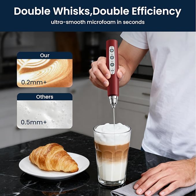 Milk Frother Wand Rechargeable Handheld Electric Whisk 3 Speed Adjustable | Coffee Frother Wand with 3 Stainless Whisks Electric Foam Maker Drink Mixer Blender for Latte Cappuccino Matcha Egg