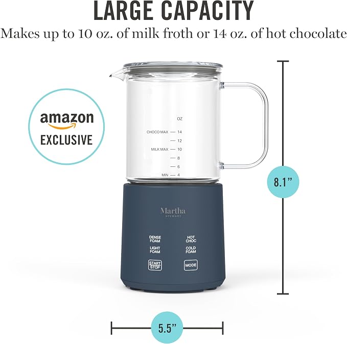 Martha Stewart 10oz Milk Frother & Steamer, 4 Presets, 300ml Glass Pitcher | Light, Dense, Cold Foam & Hot Chocolate, Ready in 90 Seconds, Cordless Pouring, Runs Quiet, Almond, Soy & Oat Milk, Indigo