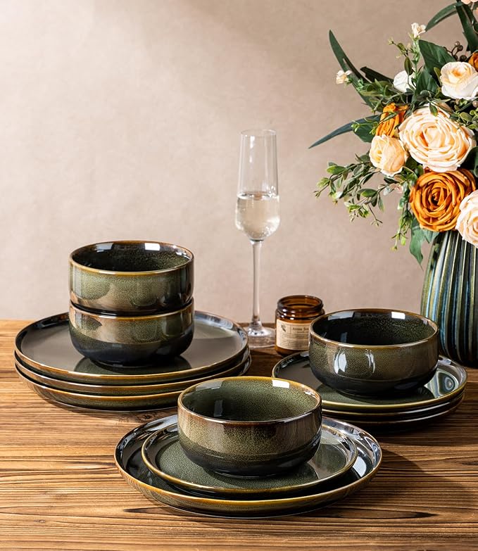 Ceramic Dinnerware Set for 4, 12-Piece Plates and Bowls Set | Handmade Reactive Glaze Dish Set, Scratch Resistant, Oven & Microwave & Dishwasher Safe, Olive Green