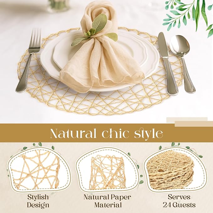 Geosar Round Woven Placemats Bulk Rustic Paper Braided Placemats Boho Natural Non Slip Heat Resistant Table Mats for Wedding Party, Dinner Table Centerpiece Decoration, 13 Inch(White Beige,48 Pcs)
