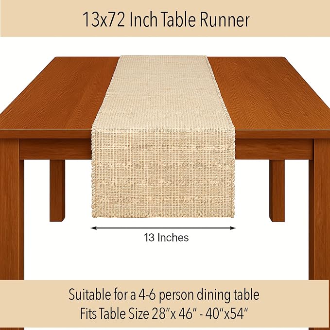 Natural Jute Table Runner 13x72 Inch – Vintage Boho Rustic Table Decor – Handwoven Table Runner in Natural Jute and Ivory – Farmhouse Dining or Console Table Accent