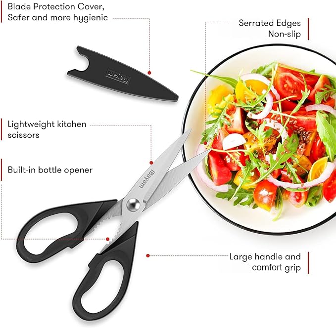 iBayam 8.7" All Purpose Kitchen Shears Heavy Duty with Protective Sheath | Built-In Bottle Opener, Durable Stainless Steel Scissors, Dishwasher Safe, Soft Grip Comfort Handle, Cooking, Food, Packaging