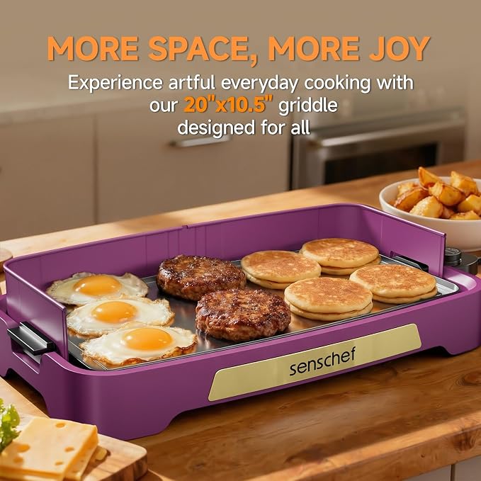 Cleansnap Everyday Electric Griddle, Great Gift for Family Feasts - 20” Nonstick Grill with Foldable Anti-Mess Shield, Rapid 1700W Heat & PPG Ceramic Coating, Dishwasher Safe, Twilight Purple