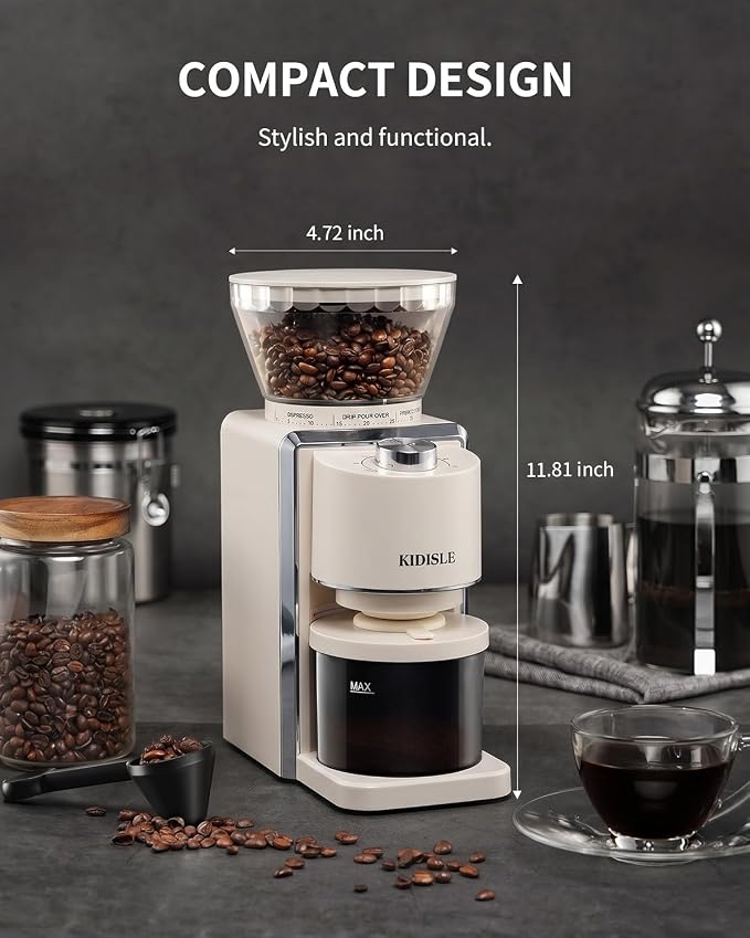 KIDISLE Conical Burr Coffee Grinder 2.0, Electric Coffee Bean Grinder for Precise Grinding, 35 Settings, 2–12 Cup Selector, Anti-Static Design for Home Use, Beige