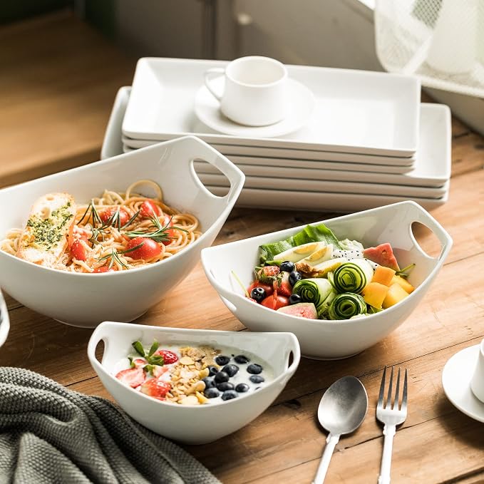 Gomakren White Serving Bowls for Entertaining, Porcelain Bowl with Handles | Set of 3 - 15/28/47oz, Multi-Size Nesting Bowls, Microwave Dishwasher Safe, Stackable Storage, Party Housewarming Gift