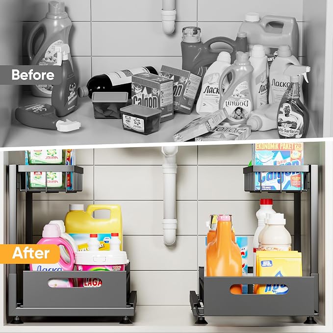 L-Shaped Under Sink Organizer, 2-Tier Pull-out Cabinet Rack 1-Pack | Black Height-Adjustable Steel Rack, Sliding Grid Drawers with PP Liners, Holds 100 Lbs, Suction Base, Ideal Kitchen Storage