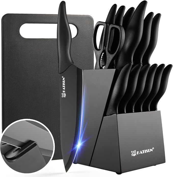 17-Piece Black German Steel Kitchen Knife Block Set | LFGB Food Safe Coating, Dishwasher Friendly. Features Non-Slip PP Cutting Board, Peeler, Built-In Sharpener & Deep Tang Core