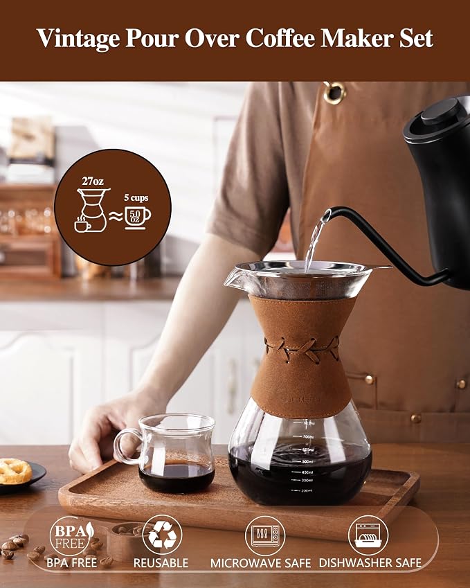Pour Over Coffee Maker with Double-Layer Stainless Steel Filter - 27 oz Pour Over Coffee Dripper with Leather Collar, Heat Resistant 5 Cups Glass Coffee Carafe with Cork Lid for Hand Brewing Lovers