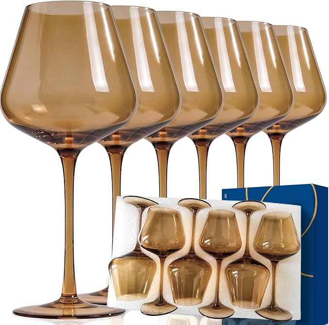 Amber Wine Glass Set of 6-18oz Lead-Free Crystal Burgundy Wine Glasses, Glassware for Parties& Special Occasions