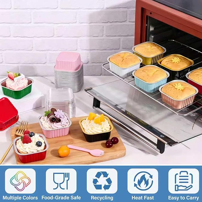 50 Pack Mini Cake Pans With Lids And Spoons,5oz Square Aluminum Foil Brownie Baking Cups,Small Cake Tins,Individual Cake Pans With Lids for Wedding Birthday Party (Green)