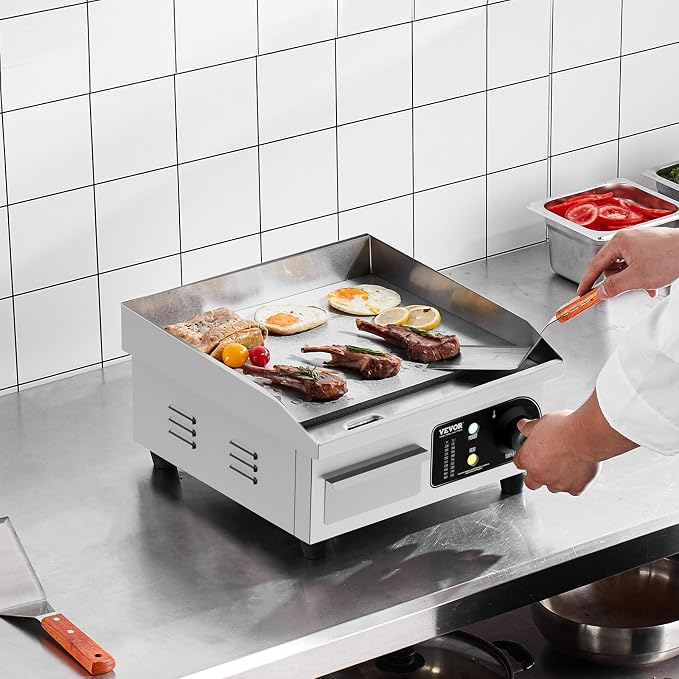 VEVOR Commercial Electric Griddle, 1700W Countertop Flat Top Grill, 14in Stainless Steel Griddle Grill with 2 Shovels and 2 Brushes for Home or Restaurant, 122℉-572 ℉ Adjustable Temp