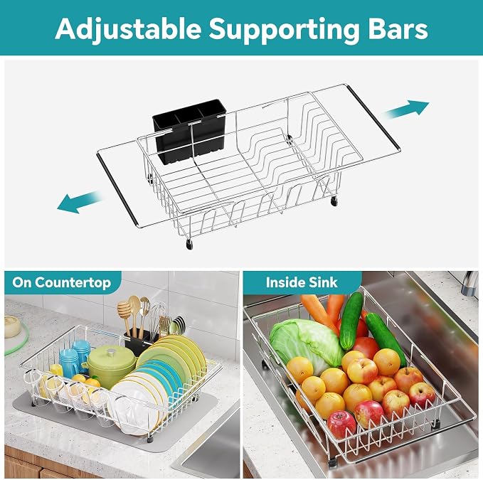 Simple Trending Dish Drying Rack in Sink with Utensil & Cup Holder | Expandable Dish Rack Over The Sink, Stainless Steel Dish Drainer for Small Kitchen, Space Saving, Non-Slip Feet, Fast Drain