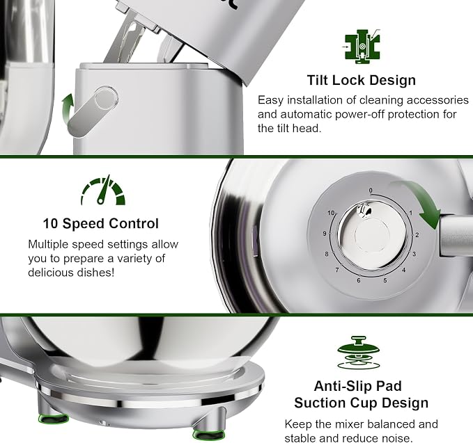 Camic Electric Stand Mixer,7.45 QT,10 Speeds with Dough Hook,Whisk, Flat Beater Attachments, Splash Guard, Easy-Carry Top Handle,3-IN-1 Kitchen Mixer for Baking Cakes Cookie Bread Salad (Silver)