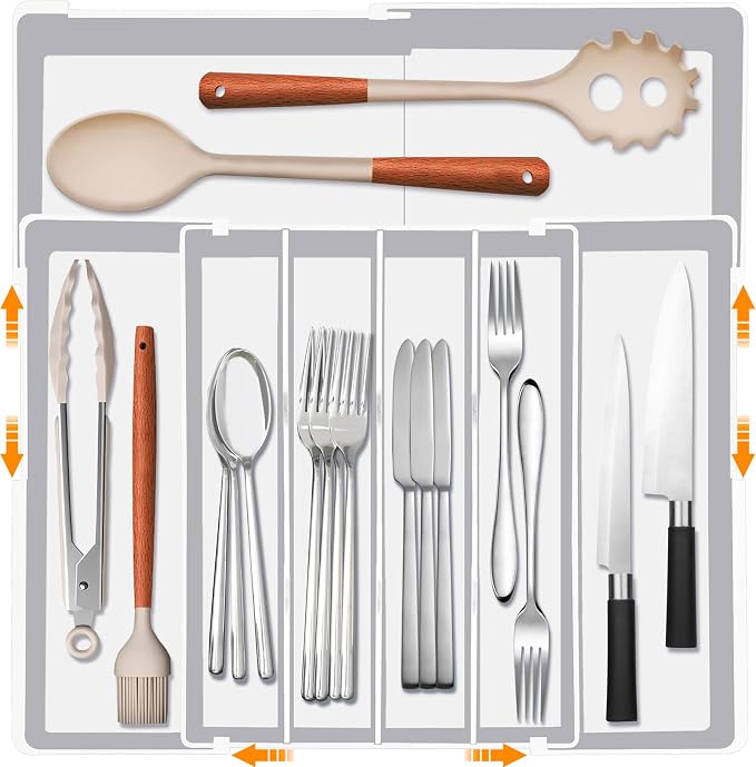 Silverware Drawer Organizer - Expandable Drawer Organizer for Kitchen, Utensil Holder BPA Free Flatware and Cutlery Tray for Spoons Forks Knives, Plastic Kitchen Organizer and Storage, White