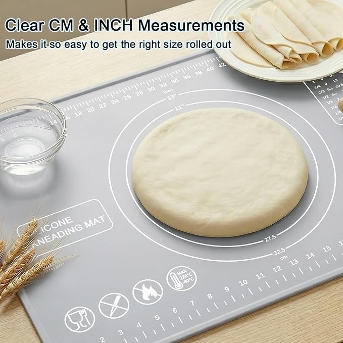 Silicone Pastry Mat 28" x 20" Extra Thick Silicone Baking Mat with Measurements and Edge Heightening Non-stick Food Grade Dough Rolling Mat Kneading Sheet for Pastry, Bread, Cookies (Light Gray)