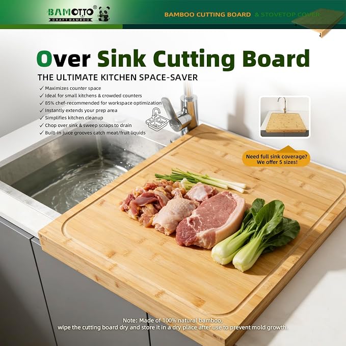BAMOTTO CRAFTBAMBOO 20 x 22 Inch Large Bamboo Cutting Board — Stovetop Cover, Over the Sink Board, Noodle Board with Detachable Legs & Non-Slip Lip, Juice Groove for Kitchen Countertop