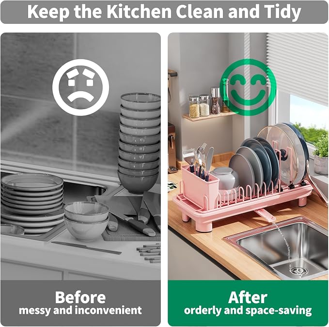 Small Dish Drying Rack, Stainless Steel with Drain Board & Utensil Holder | Anti-Scratch Base, Space Saving Design for Kitchen Counter, Pink