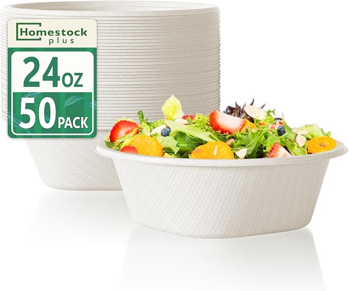 Disposable Bowls 24 Oz [50 Pack] - Compostable Bowls, Heavy Duty Paper Bowls Microwave Safe BPA-Free Eco Dinnerware for Kids Meals & Food Trucks (White)