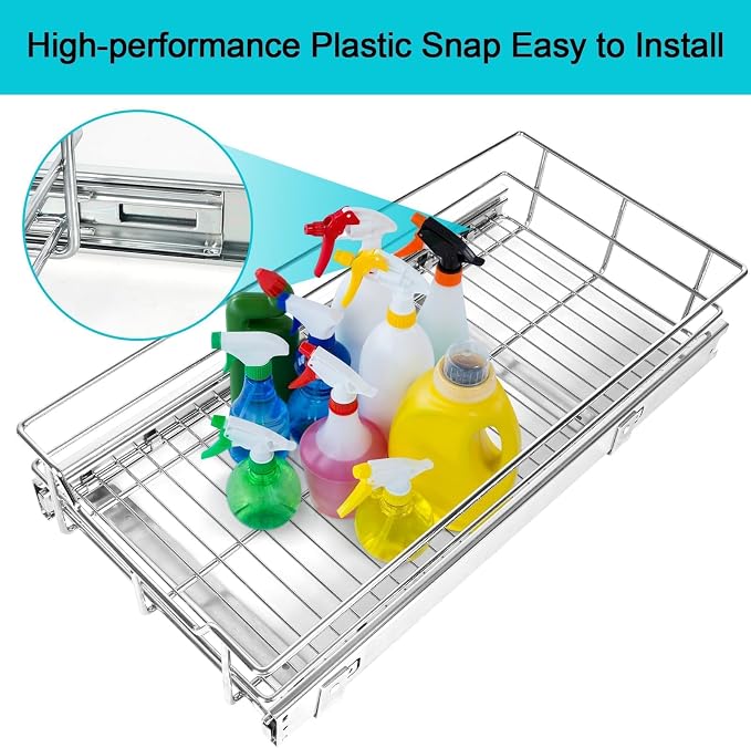 Pull Out Cabinet Organizer 11" W X 17" D, Chromed, Full Slide Out Drawers | For Kitchen Organizers and Storage, Pull Out Drawers For Cabinets Capacity Heavy Duty Caddy, Cabinet Shelves, Bathroom Pantry