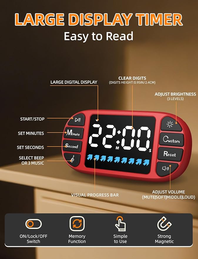 Digital Kitchen Visual Timer: 3.6'' Large LED Display, Magnetic, 3 Brightness, 4 Alarms and Volume, Memory Function, Countdown Count up for Cooking, Classroom, Home Gym, AAA Battery Included