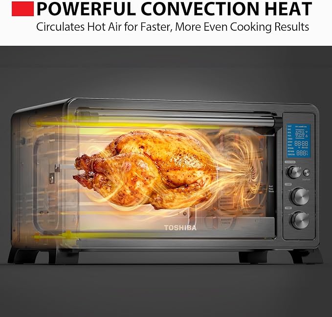 TOSHIBA 10-in-1 Convection Toaster Oven, 6-Slice Countertop Oven, 1500W | Bake, Broil, Rotisserie & Pizza Functions, LCD Knob Controls, 6 Accessories, with Toast, 1500W, Black Stainless Steel