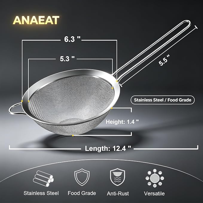 Anaeat Fine Mesh Strainers - Premium Stainless Steel Colander Sieve Sifters, with Durable Mesh and Sturdy Handle, Excellent for Sifting Dry ingredients, Flour, Pastas, Rice, Tea (6.3"）