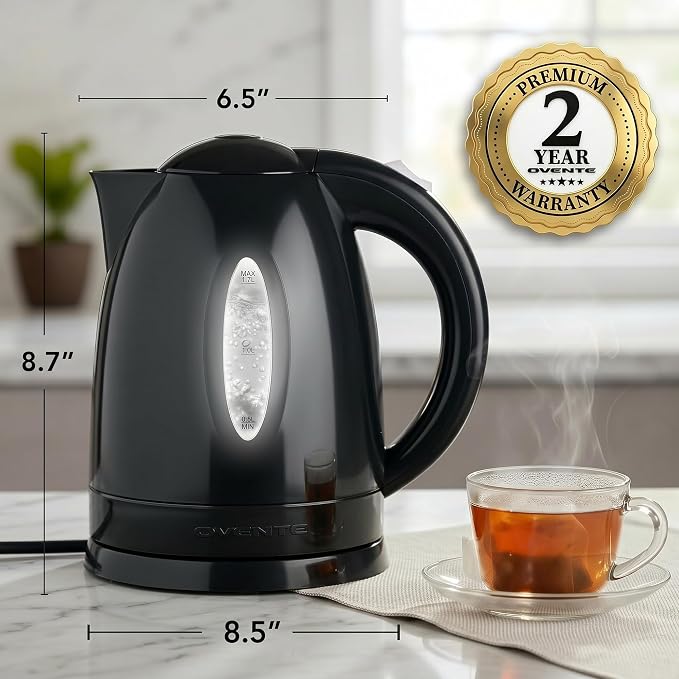 OVENTE 1.7L Electric Kettle with 1100W Fast Boiling Water, Black KP72B | Best For Coffee or Tea, BPA-Free, Water Level Gauge, Auto Shut-Off, Indicator Light, Boil-Dry Protection & Removable Filter