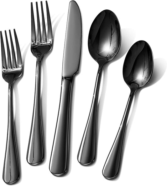 60 Piece Silverware Set, Black Flatware Sets for 12 Food-Grade Stainless Steel Cutlery Utensils Include Spoon Knife Fork Mirror Polished for Home, Party, Wedding, Dishwasher Safe