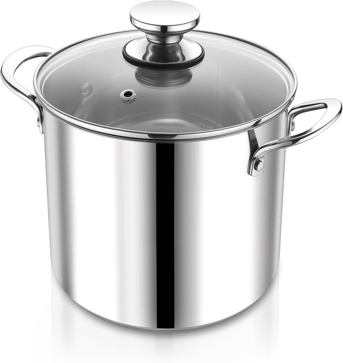P&P CHEF 8 Quart Stock Pot with Lid, 8 Qt Large Stainless Steel Stockpot | Good for Cooking Pasta Soup, Cookware for Induction Gas Electric Stoves, Visible Lid & Measuring Markings, Dishwasher Safe