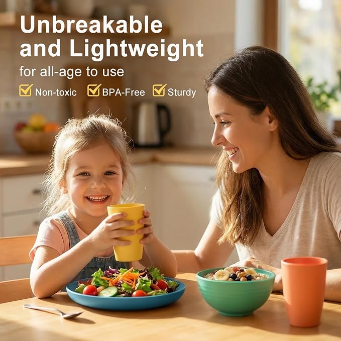 Wheat Straw Dinnerware Sets 40 Piece, Kitchen Plates and Bowls Set, Unbreakable Dishes Set for 8, Microwave and Dishwahser Safe Dishware Sets for Home, Camping, RV, Party - Multi