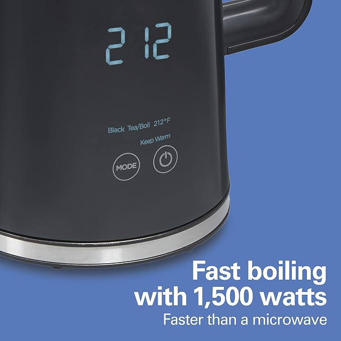 Hamilton Beach Digital Temperature Control Electric Tea Kettle, Hot Water Boiler & Heater 1.7L, 5 Preset Modes + Keep Warm, Fast Boil 1500 Watts, BPA Free, Cool-Touch Exterior, Black (41033) | Fast Boiling 1500 Watts |Temp Control + 5 Presets | Cool-To...