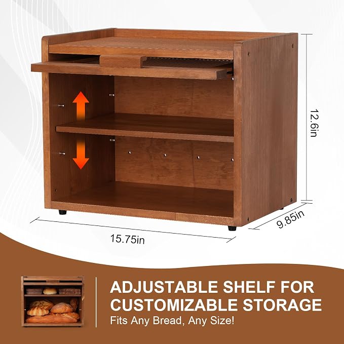 Wooden Bread Box for Kitchen Countertop, 2 Tier Bread Storage Container with Acrylic Door, Adjustable Shelf, Ventilation Holes, Brown
