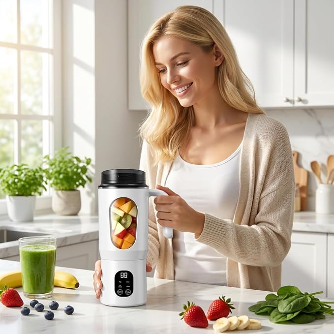 Lilogi 580ML Portable Blender with LED Display, 12-Blade USB-C Rechargeable Travel Blender with Handle & Extra Lid, Ideal for Kitchen, Office, Gym & Outdoor Sports