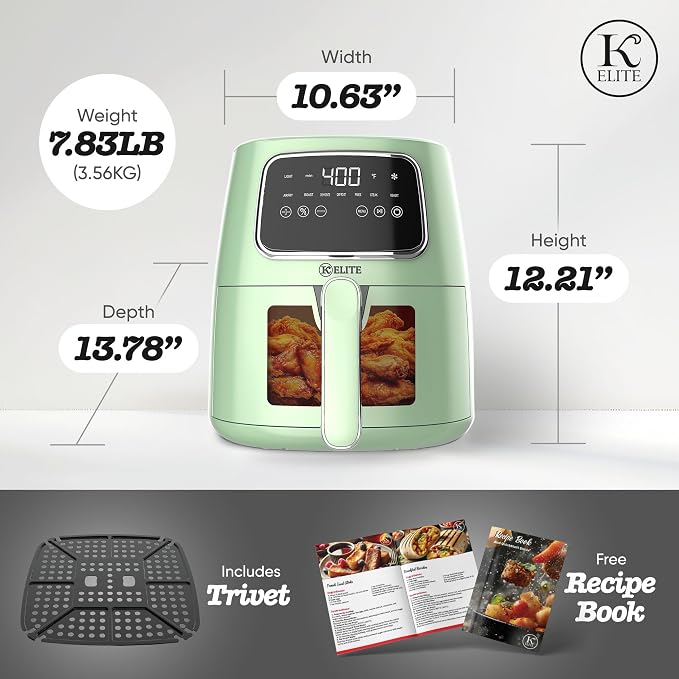 Kitchen Elite Cpuntertop Digital Air Fryer with LED Screen, Green, 5.5 Qt