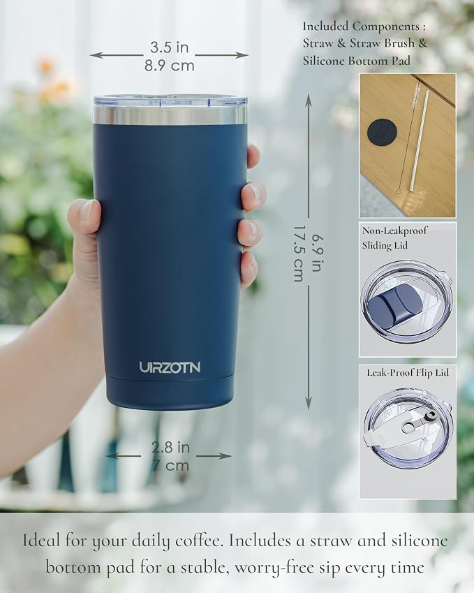 20oz Travel Coffee Tumbler with 2 Lids and Straw, Stainless Steel | Double Wall Vacuum Insulated Tumbler, Coffee Mug for Hot & Cold Drinks, Fits Most Car Cup Holders, Navy Blue